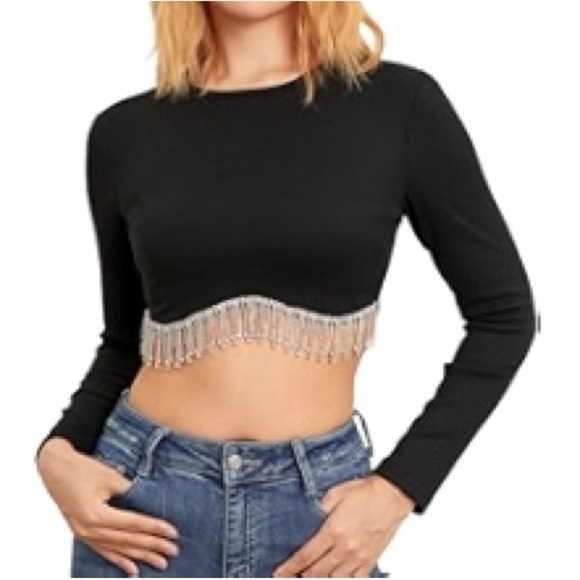 Zara Black Crop Top with Silver Beaded Fringe - Picture 3 of 11